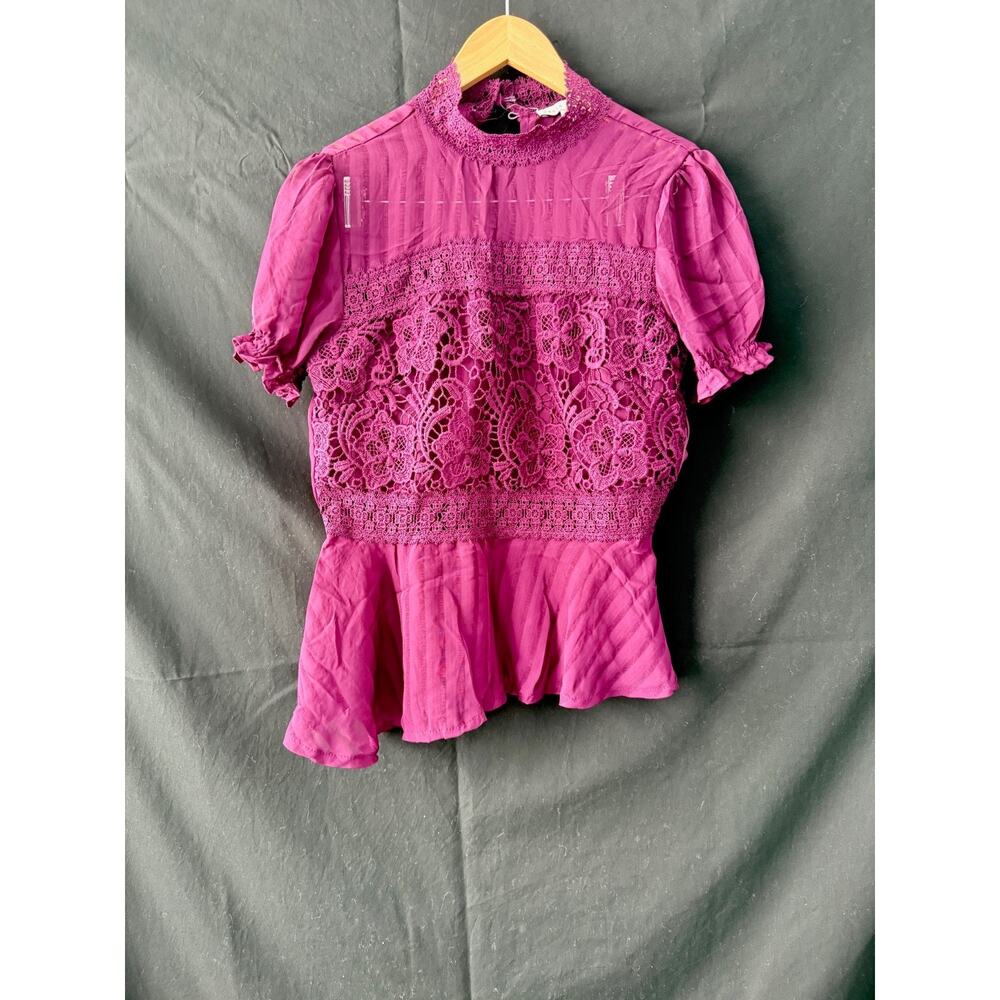Haute Monde Magenta Crochet Lace Peplum Blouse Top Mock Neck Short Sleeve L Boho